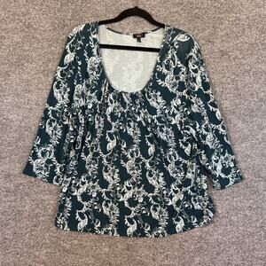 Talbots Shirt Womens 3X Green Floral 3/4 Sleeve Tshirt Plus Size Stretch